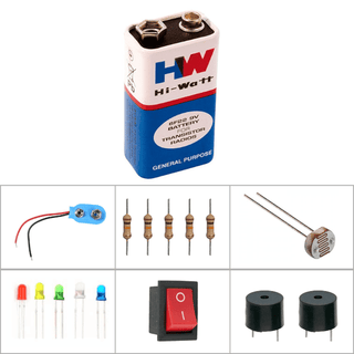 Hi-Watt 9V Battery With 5V Buzzer, Snap Connector, Switch, 1K Ohm Resistor, LDR Photoresistor sensor and 5mm LED