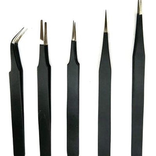 Non-Magnetic Straight and Curved Tips Tweezers Set for Mobile/Gadget/Laptop and Jewelry Repair; Black – Set of 5 Pieces